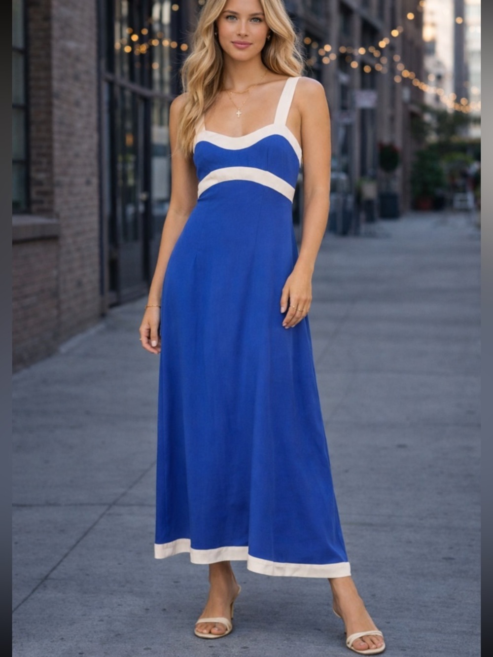 Sancia Amara Blue Midi Dress Cream Trim Sleeveless Resort Coastal 38423